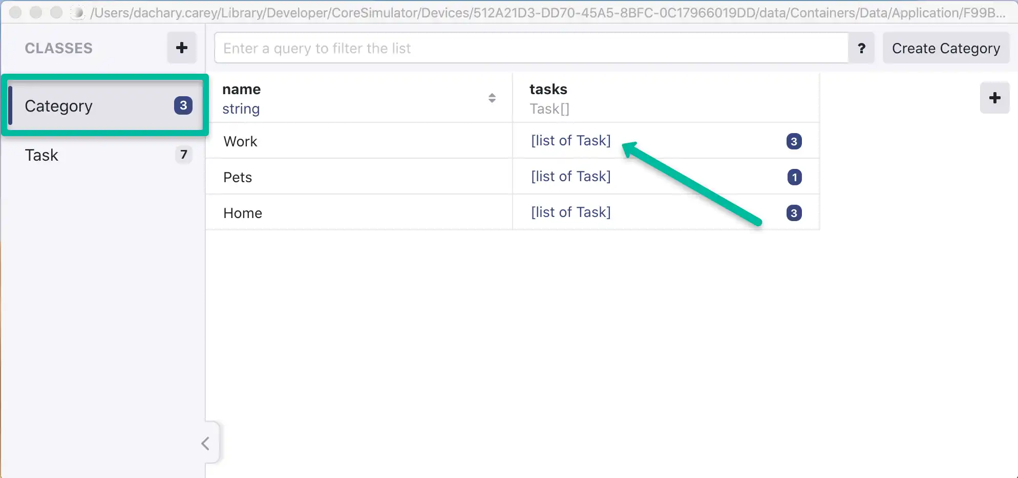 Realm Studio screenshot showing the Category class selected and the "list of task" for category view.